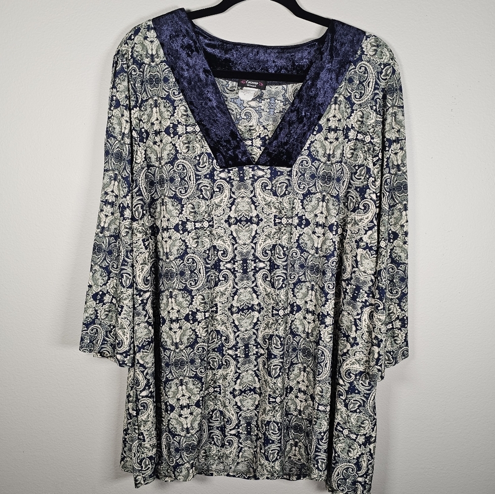 Cocomo‎ Jersey Velvet Size 3X Top Paisley 3/4 Flowy Cold Shoulder Sleeve V-Neck